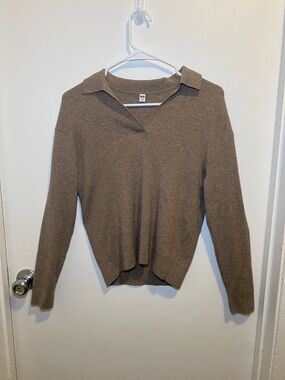 Uniqlo Brown V-Neck Collared Ribbed Sweater